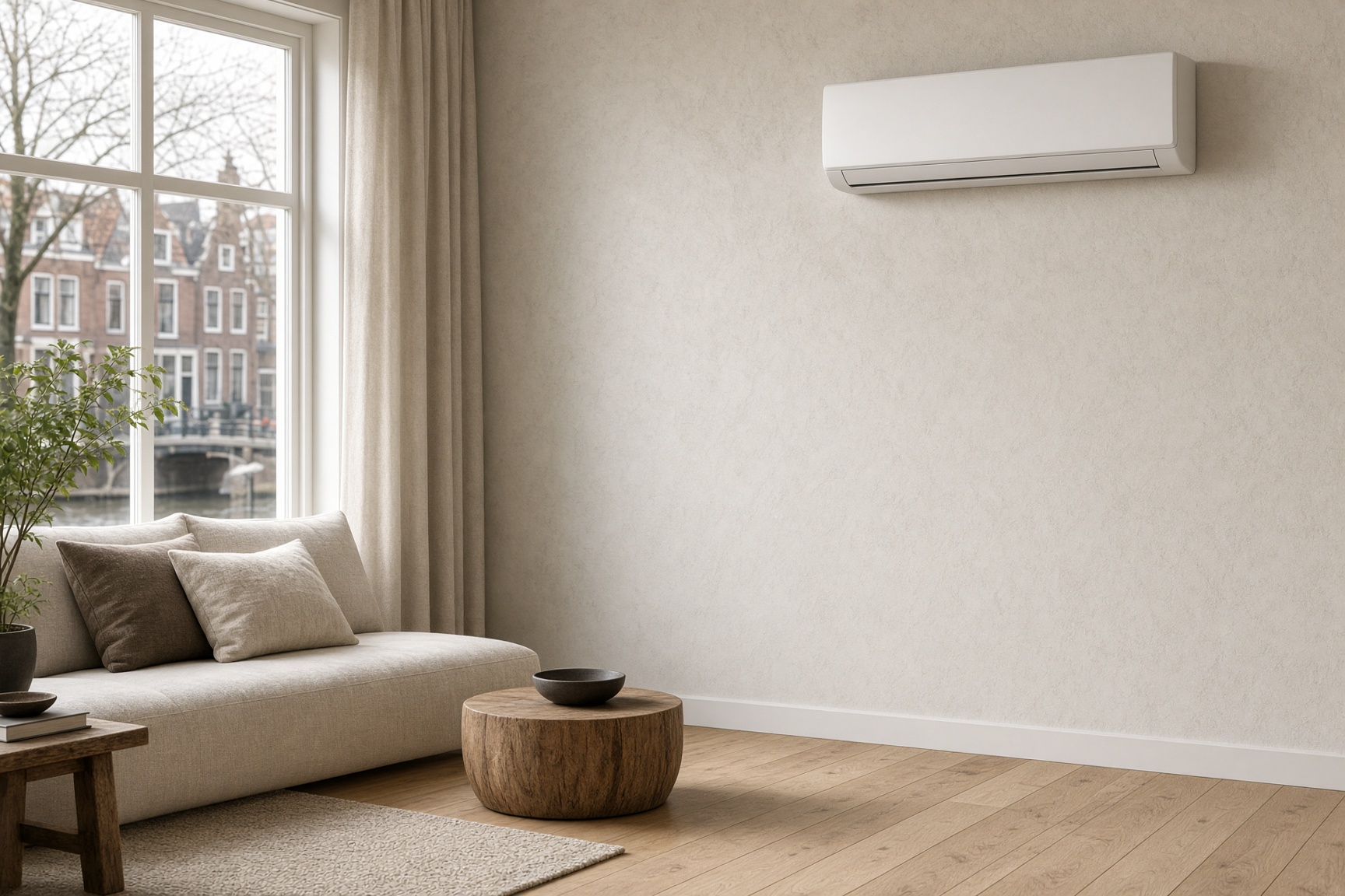 Witte wandairco in een lichte woonkamer met linnen bank