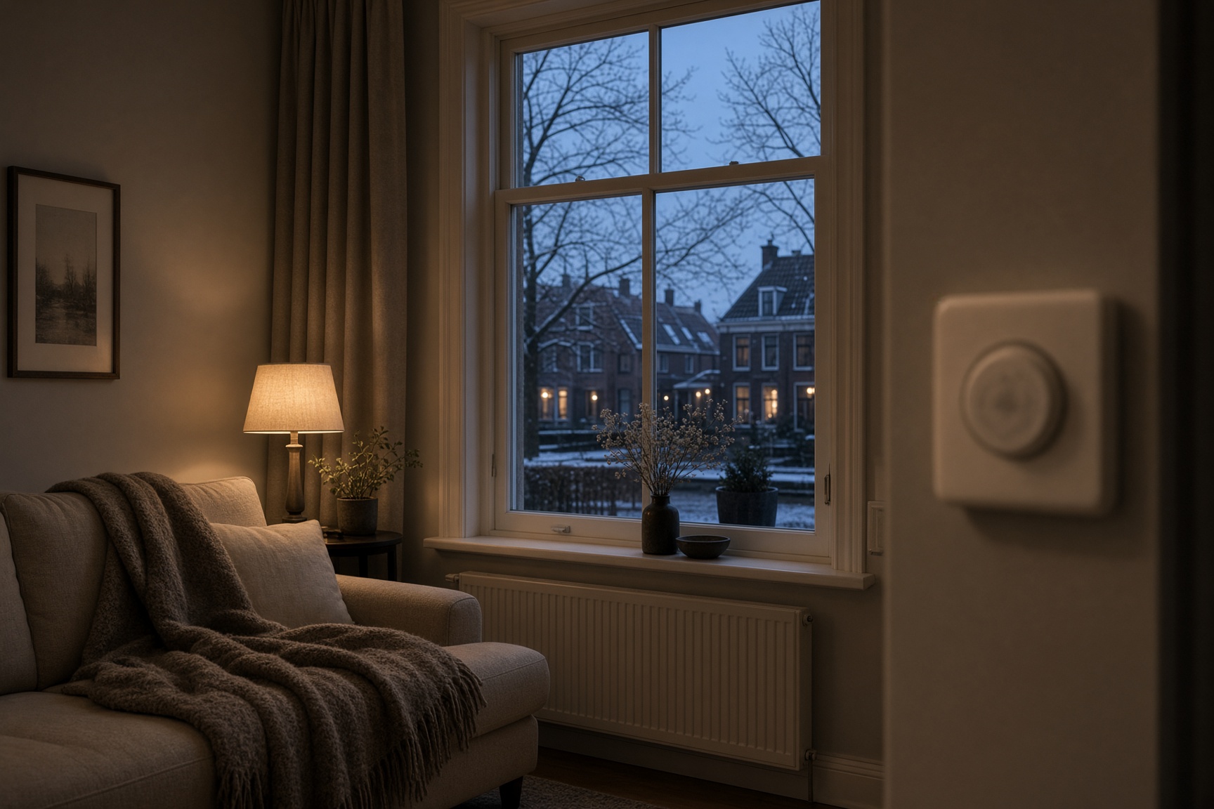 Woonkamer in de schemer met warm licht en een thermostaat aan de wand