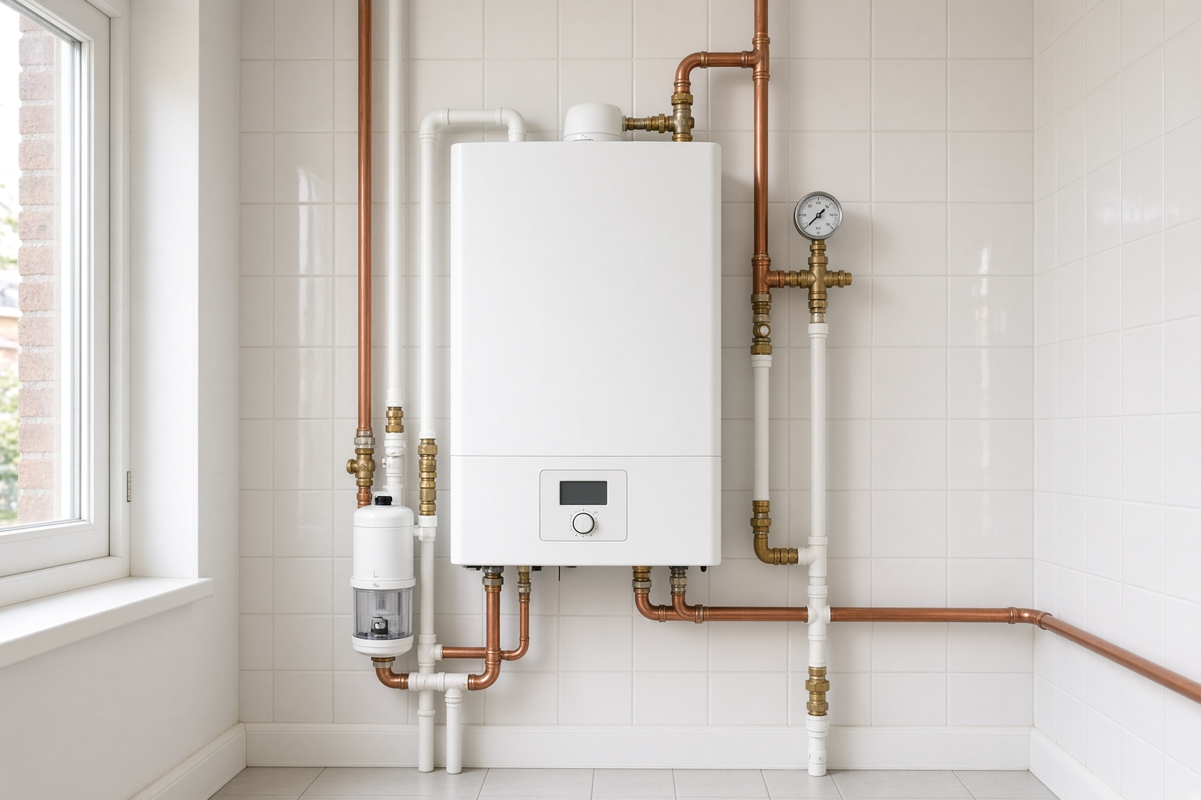 Witte hr-ketel netjes aangesloten in een bijkeuken