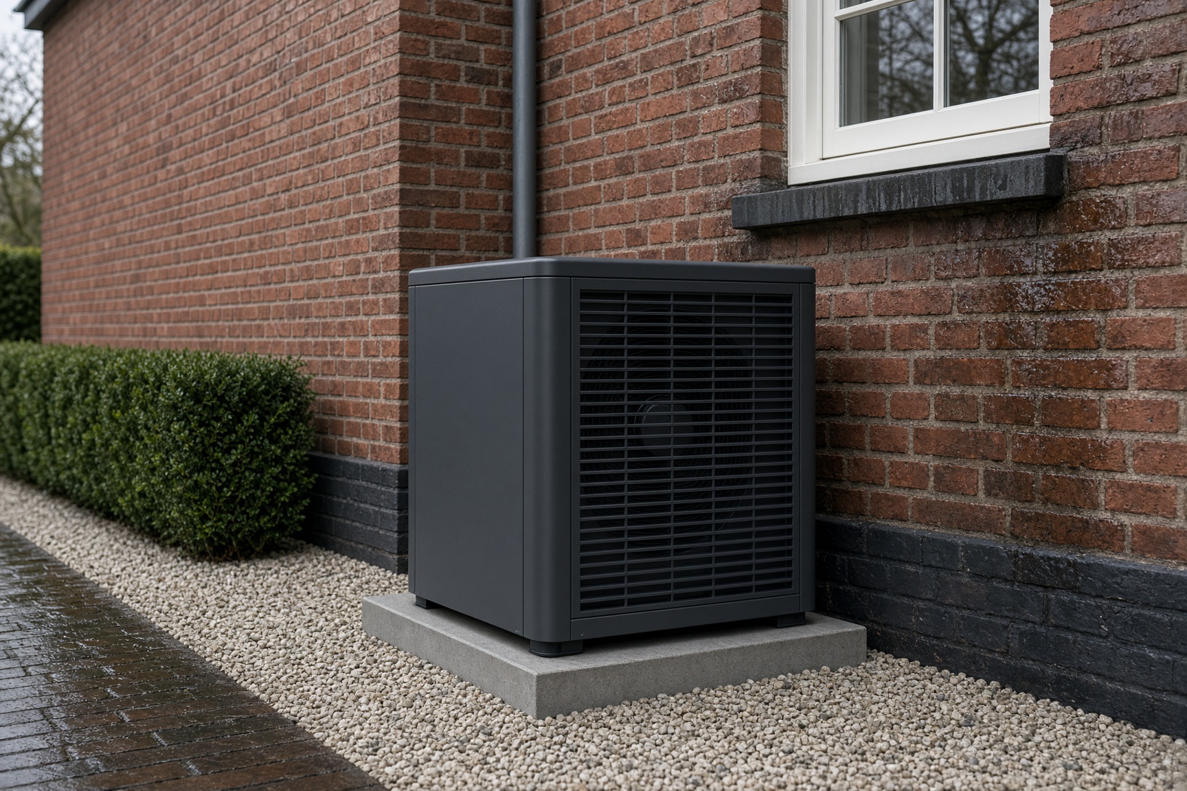 Antraciet warmtepomp op een grindstrook tegen een bakstenen gevel